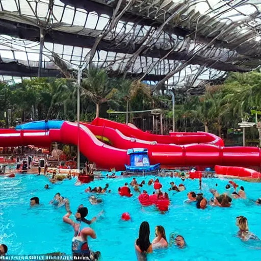 Image similar to the ugliest 1 star waterpark in the world with red dark water filled with trash, cracked broken slides, crowded,