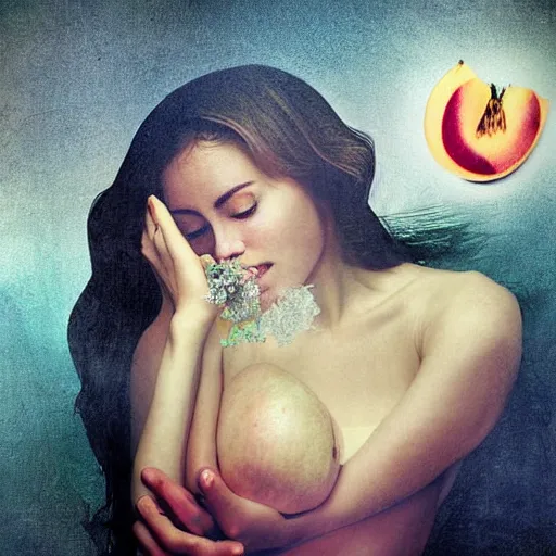 Image similar to A beautiful photograph. In the dream, she is eating a peach, on Venus. The flesh is sweet and juicy, slightly bitter. It mingles with Sydan's taste in a delicious way. by Mark Lovett evocative, elaborate