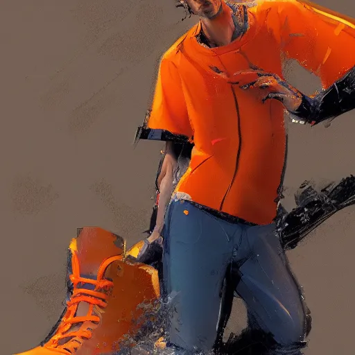 Image similar to water resistant orange sneakers, by Craig mullins, Steve Purcell, Ralph McQuarrie. Design. Fashion. Trending on artstation. Centered image, no background