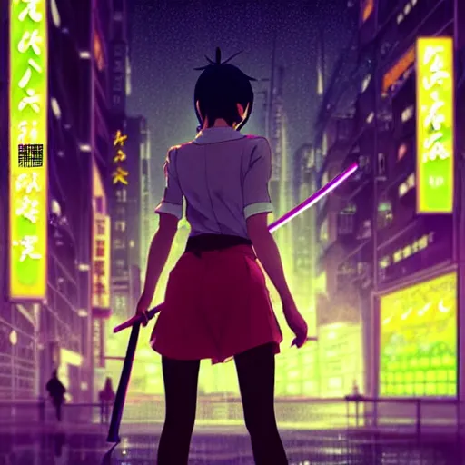 Prompt: beautiful asian woman with katana, short black hair, in Tokyo, city background, rainy night, neon glow concept art, sharp focus, intricate, digital painting, artstation, official media, anime key visual, highly detailed, rich vivid colors ambient lighting, illustration, art by Artgerm, Makoto Shinkai, Ilya Kuvshinov, Lois Van Baarle and Rossdraws