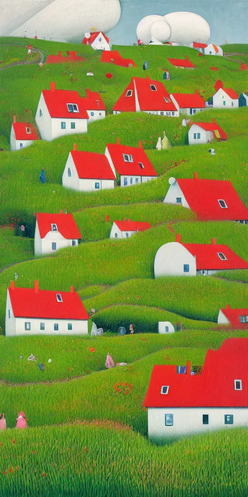 Prompt: white scandinavian!!! houses!!! with red roofs, floral motives, in the high grass, zeppelin in the sky, hygge, by jacek yerka by levitan, by tove jansson, surrealistic painting, masterpiece, oil painting, sharp focus, highly detailed, intricate, smooth, 8 k,