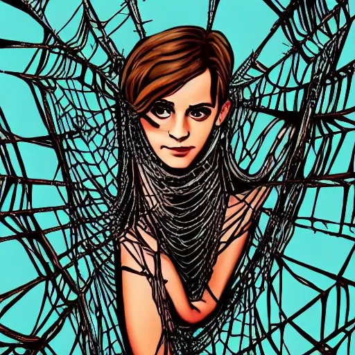 Prompt: emma watson hanging from and trapped in a giant spider web, cartoon