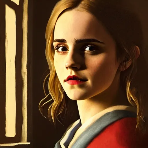 Image similar to Painting of Emma Watson as Hermione Granger. Art by Vermeer. During golden hour. Extremely detailed. Beautiful. 4K. Award winning.