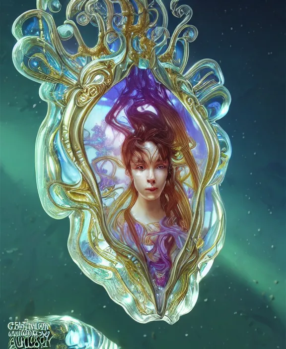 Image similar to intricate ornate opulent transparent clear see - through crystal portrait of a gundam beautiful male alien sea slug, mottled coloring, adorable, childlike, overgrown jungle environment, ultra realistic, concept art, art nouveau, photorealistic, octane render, 8 k, unreal engine. art by christopher marley and artgerm and greg rutkowski and alphonse mucha