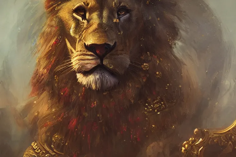 Prompt: An antropomorphic lion dressed as king in a Gothic atelier, oil painting, detailed, colorful, 4k, dimly lit, in the style of Yanjung Chen and Tom Bagshaw