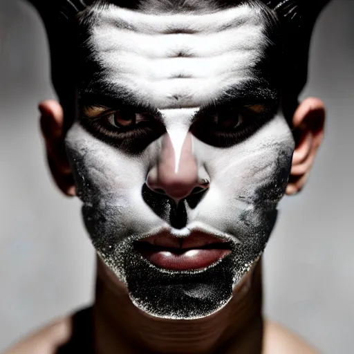 Image similar to a close up portrait of a beautiful athletic young persian male with his face covered in silver leaf , photographed by erwin olaf, artistic