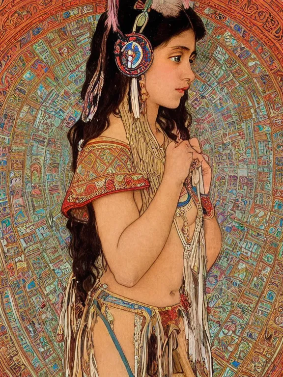 Image similar to an art nouveau painting of a pretty young native mayan woman dressed in a traditional, modest coat of beads and feathers and an elaborate headdress, in front of an aztec calendar, intricate, detailed, smooth, complex, elaborate, by alphonse mucha and james gurney and john william waterhouse