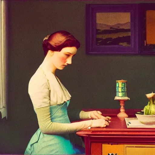 Image similar to a beautiful lady, film still by wes anderson, depicted by balthus, limited color palette, very intricate, art nouveau, highly detailed, lights by hopper, soft pastel colors, minimalist