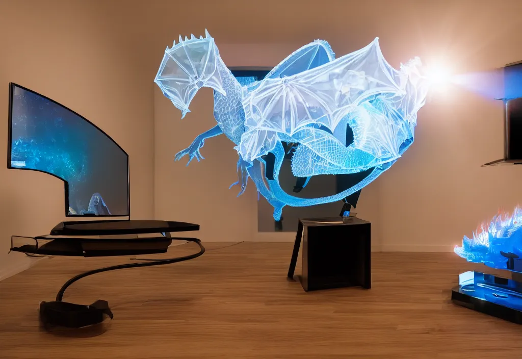 Image similar to curved transparent 3 dtv dragon popping out of tv, volumetric lighting, bedroom, visor, users, pair of keycards on table, bokeh, creterion collection, shot on 7 0 mm, instax