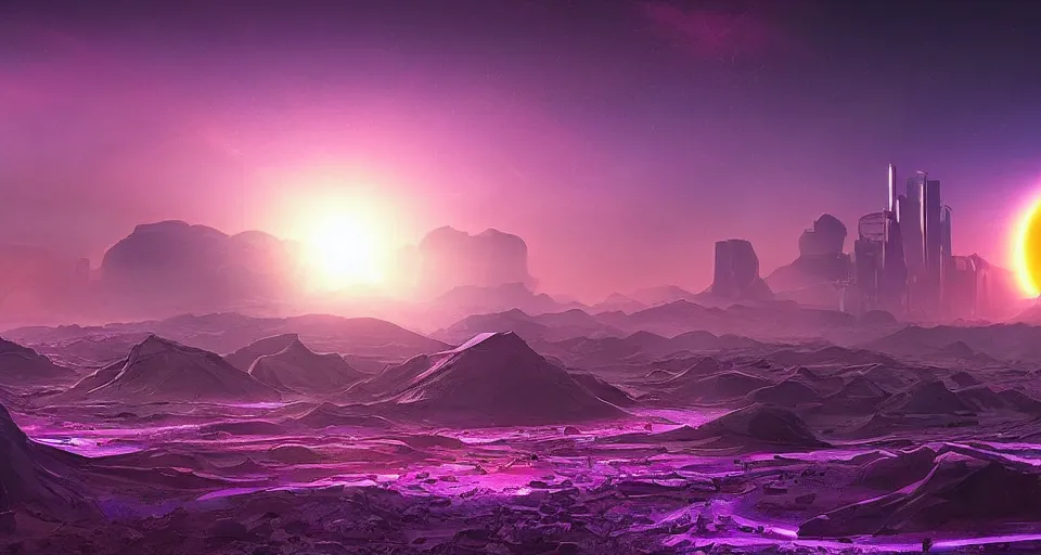 Image similar to Sci-fi landscape of a desert with two suns suns in the sky and futuristic city in the background, purple color-theme, cinematic, science-fiction art wallpaper, stunning digital art