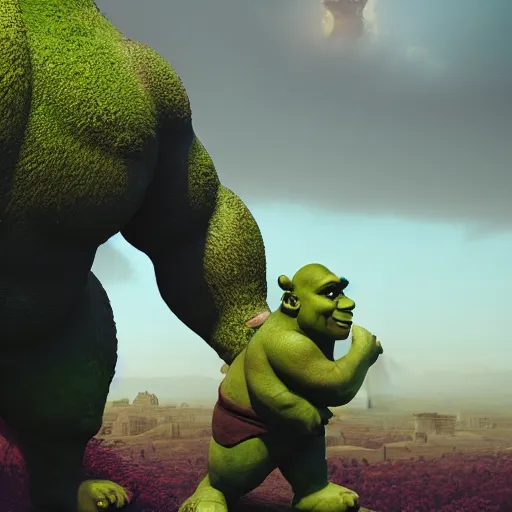 Image similar to a colossal statue of shrek, intricate artwork by beeple, third person, beautiful, full view, cinematic lighting, heavy mist, octane render, trending on artstation, greg rutkowski very coherent artwork. cinematic, hyper realism, high detail, octane render, 8k