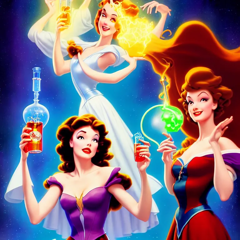 Image similar to key visual of an attractive sorceress holding two flasks full of glowing liquid, mad scientist's lab background, by gil elvgren and stanley lau, disney princess style, epic, 4 k, hdr, cinematic