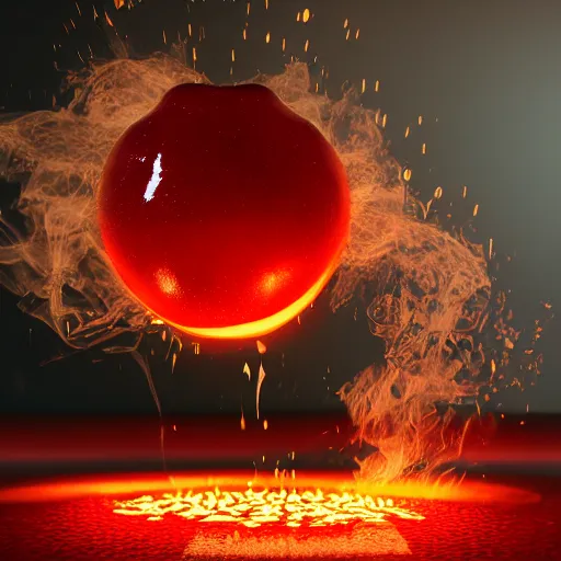 Image similar to cherry just after it explodes, octane render, ue 5 render, detailed fire, detailed explosion, white background