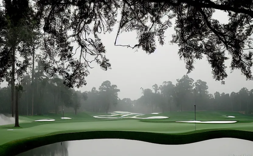 Image similar to augusta national, the masters, many beautiful flowers and magnlia trees, completely flooded with brown water during rain storm, beautiful ambient light, fog,