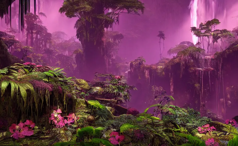 Image similar to a beautiful render of a dark prehistoric rainforest in a humongous cave, lush flora, patches of sky, magenta flowers, sunset, floating mountains and a waterfall in the background, intricate detail, hazy, humid, volumetric lighting, 8 k, photorealistic, raytracing effects, unreal engine 5