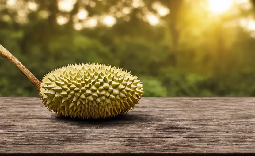 Prompt: a macro photo of a durian on a wooden table at sunrise, hyperrealistic, some trees in the background, dof, octane render, unreal engine 5, trending on artstation, high quality, highly detailed, 8 k, soft lighting, path traced, beautiful, harmonious, complementary colors, serene scene, bloom, godrays, concept art