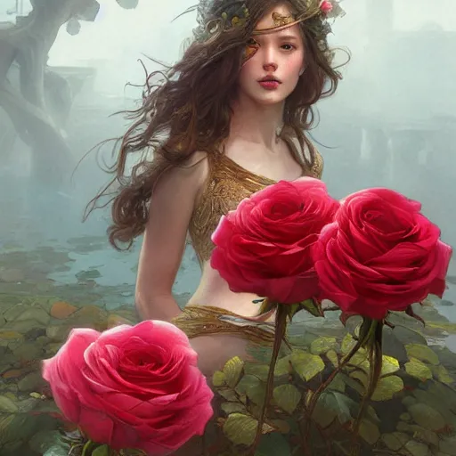 Prompt: man suspended over water, roses everywhere, highly detailed, digital painting, artstation, concept art, smooth, sharp focus, illustration, art by artgerm and greg rutkowski and alphonse mucha