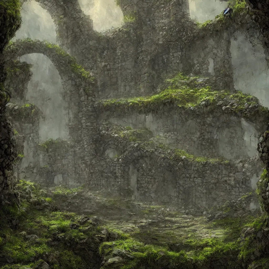 Prompt: an ancient dungeon with stone walls, stagnant water, mossy overgrowth, soft ambient lighting, trending on artstation, fantasy ruins