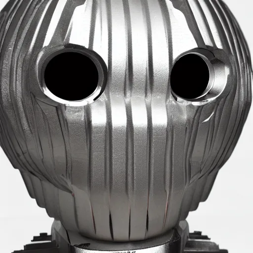 Prompt: the full head and body of a metallic man with emissive round ocular eyes and a radiator like mouth, with corrugated limbs and plated armoring across their entire body