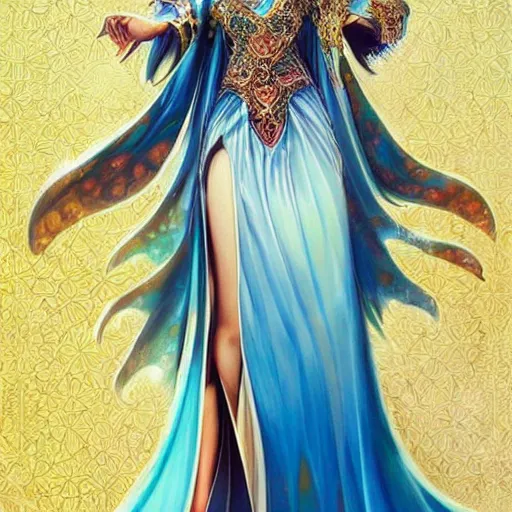 Image similar to a beautiful arabian woman wearing a kaftan by karol bak, ayami kojima, artgerm, arabian beauty, blue eyes, smile, concept art, fantasy