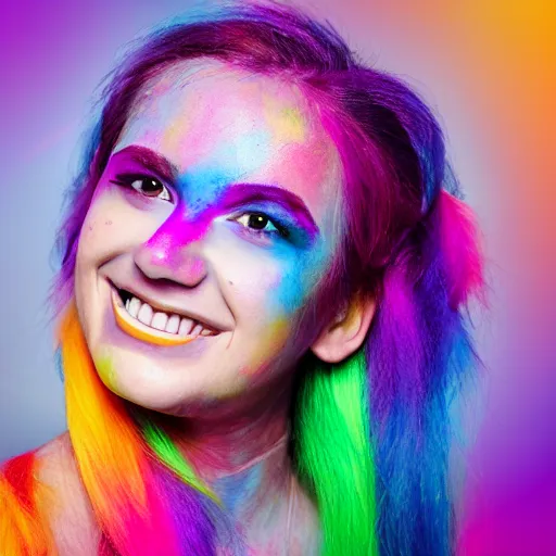 Prompt: smiling woman with rainbow hair and rainbow makeup, viscous rainbow paint, rainbow bg, portrait