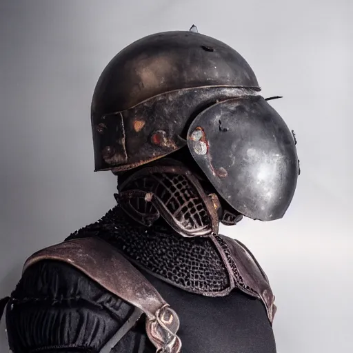 Image similar to old dark fantasy helmet. smoke billowing out from within. evil energy. studio photograph. plain background