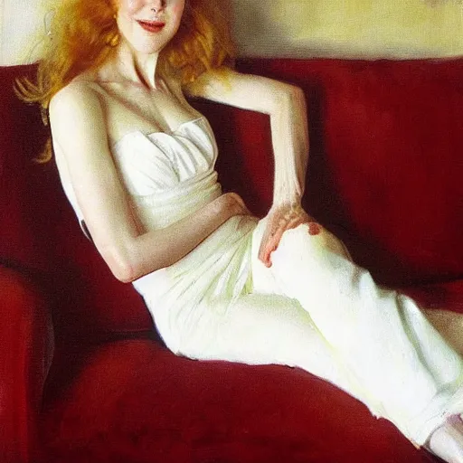 Image similar to an oil painting portrait of a young Nicole Kidman sitting on a couch, joyful, artist is John Sargent”