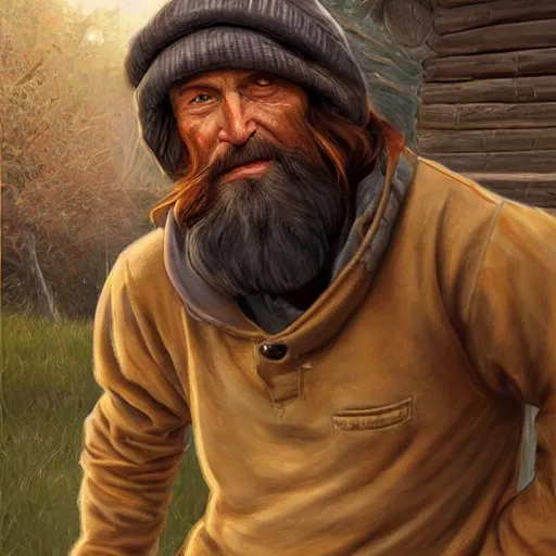 Prompt: clear portrait of homeless guy, adorable appearance!!!, golden hour, happy apearance, cottagecore!!, background hyper detailed, character concept, full body, dynamic pose, intricate, elegant, highly detailed, digital painting, artstation, concept art, smooth, sharp focus, illustration, art by artgerm and greg rutkowski and alphonse mucha