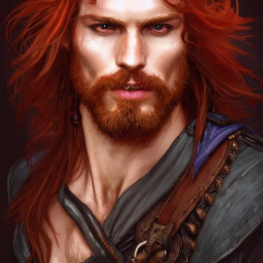 Image similar to portrait of a young ruggedly handsome but charming pirate, male, masculine, upper body, red hair, long hair, d & d, fantasy, soft lips, intricate, elegant, highly detailed, digital painting, artstation, concept art, matte, sharp focus, illustration, art by artgerm and greg rutkowski and alphonse mucha