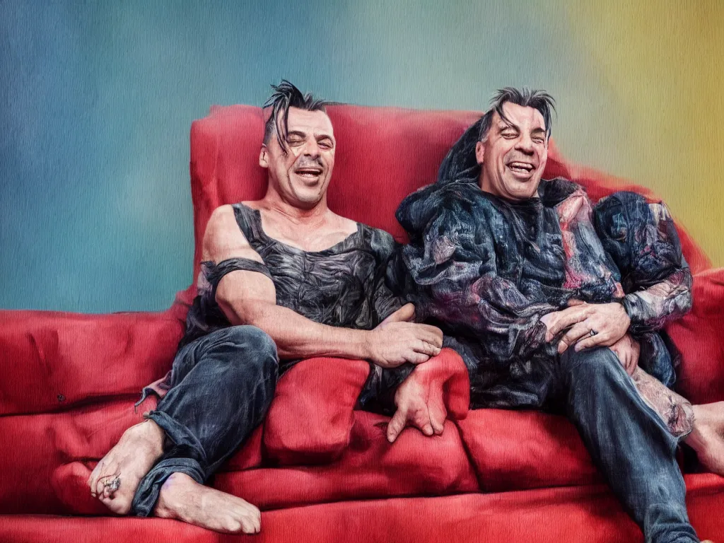 Prompt: extremely detailed digital painting of till lindemann sits on the couch with grandmother both laughing by handoga, stunning scene, 4 k, realism, bright colors, trending on artstation