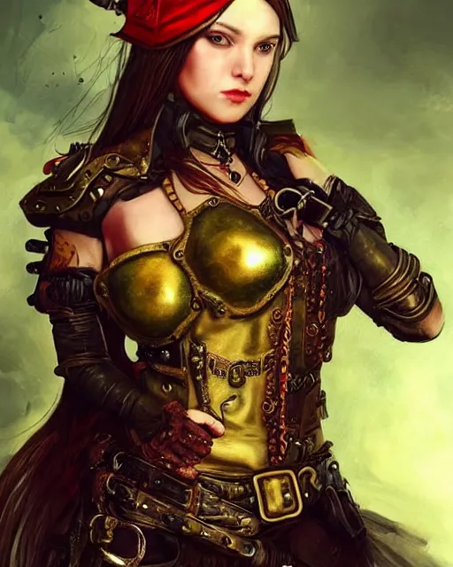 Image similar to a beautiful young female steampunk pirate wearing leather armor on gold and red trimmings on green, very cool pose, slightly smiling Charlie Bowater Annie Leibovitz, zhuoxin ye, cinematic lighting and composition, fantasy painting, very detailed, ornate, 8k trending on artstation and pinterest, deviantart, google images