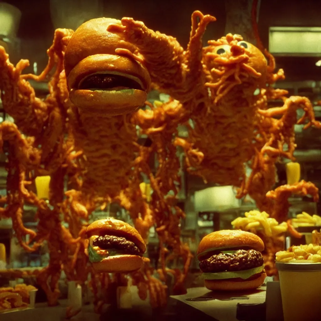 Image similar to the cheeseburger creature at the fast food restaurant, film still from the movie directed by denis villeneuve and david cronenberg with art direction by salvador dali and zdzisław beksinski, wide lens