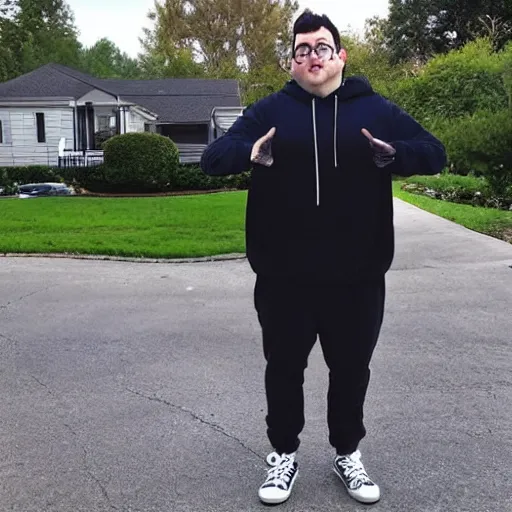 Image similar to Rocco Botte wearing gray sweatshirt and gray sweatpants and black/white Converse Chuck Taylor sneakers, standing in a T-pose on a suburban residential street