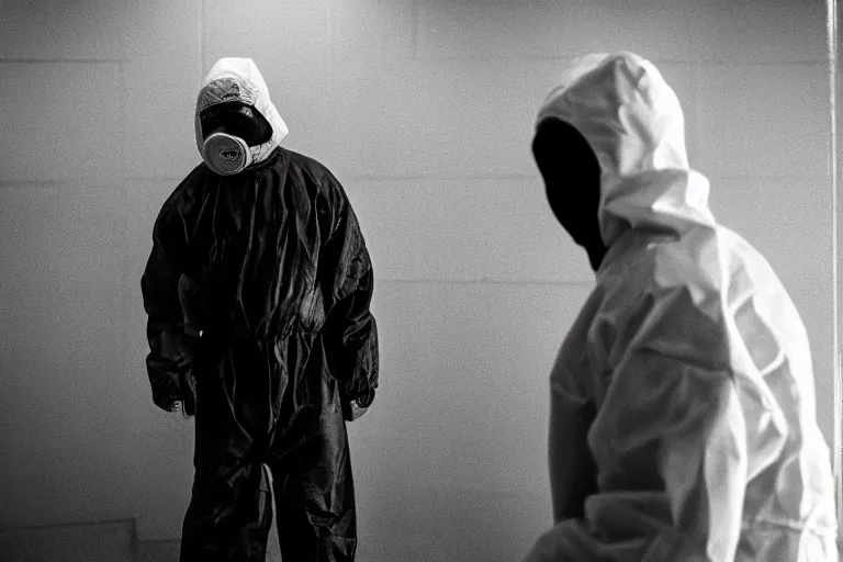 Prompt: a cinematic portrait of a prisoner dressed in a a black and white hazmat suit, in a small prison cell, dust storm, annie leibovitz and zack snyder, 8 k, hd, high resolution, 8 5 mm, red and white color theme, f / 1. 8