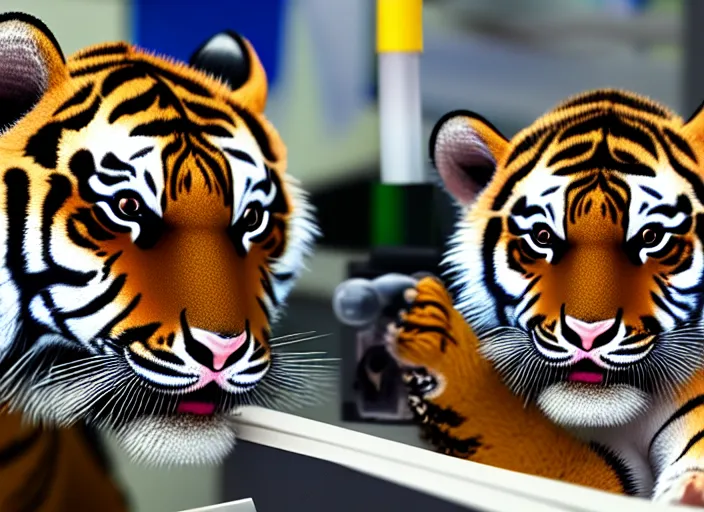 Prompt: film still of a tiger cub working in a research lab filling test tubes, 8 k