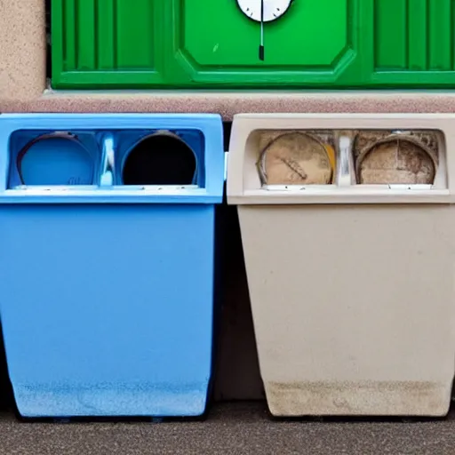 Prompt: recycling bins full of clocks on the street 4 k realistic