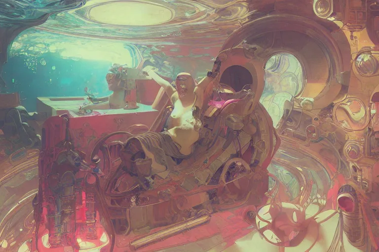 Image similar to interior of a Sensory deprivation Stomach filled with glowing pink water, Cross section, Claustrophobic, seapunk Mecha , vaporwave , digital art, artstation, by WLOP, Ilya repin, alphonse mucha., Very highly detailed 8K, octane, Digital painting, the golden ratio,