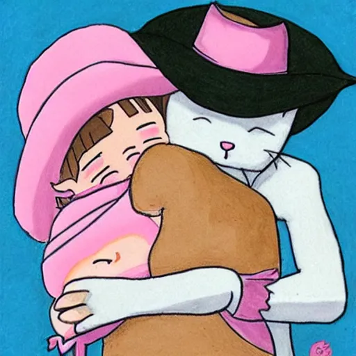 Image similar to baby kitten with a cowboy hat hugging a pink baby kitten, drawing by studio ghibli