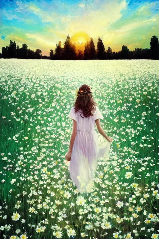 Image similar to white daisy flowers as head veil, girl walking in a flower field, surreal photography, sunrise, dramatic light, impressionist painting, colorful clouds, digital painting, artstation, simon stalenhag