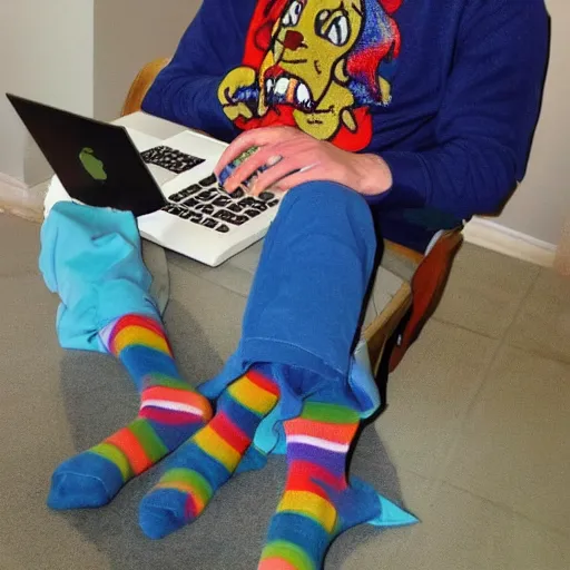 Image similar to shaggy from scooby doo with mismatching socks laptop and laughing