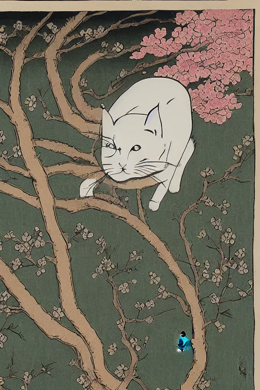 Prompt: white cat in sakura tree in the style of Utagawa Hiroshige