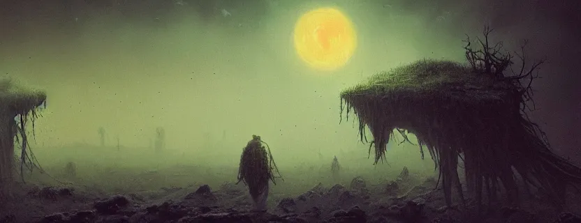 Prompt: landscape photo of mysteriously adorned skulls with fireflies in a barren landscape, by Beksinski and Greg Rutkowski and Giger and Lovecraft, cinematic, cinematic lighting, 4K, trending on artstation, photorealistic, cineovision