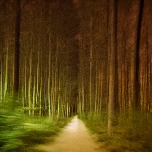Image similar to deep forest in the night, shooting on the run, ghost far away behind the trees, poor quality of photography, 1/2 second shutter speed