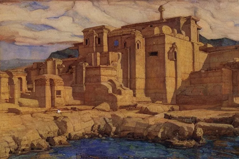 Image similar to ancient city by the sea by Annie Swynnerton and Nicholas Roerich, strong dramatic cinematic lighting , ornate architecture, lost civilizations, smooth, sharp focus, extremely detailed