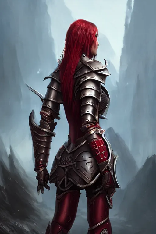 Prompt: Female paladin, dnd, d&d, red leather armor, looking from behind, high fantasy, matte painting, by wlop