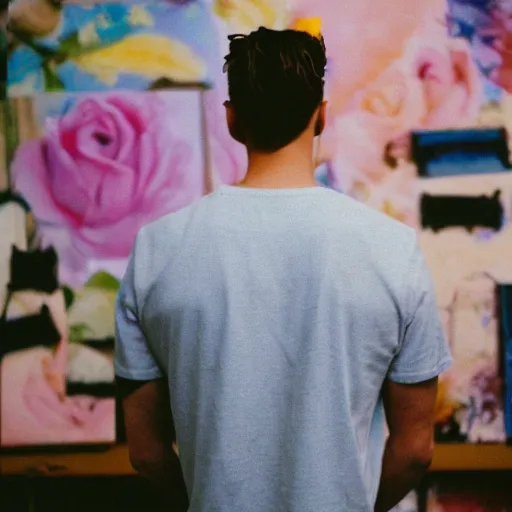 Prompt: kodak portra 4 0 0 photograph of a skinny blonde guy standing in cluttered art studio, back view, flower crown, moody lighting, moody vibe, telephoto, 9 0 s vibe, blurry background, vaporwave colors, faded!,