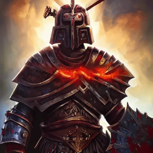 Image similar to Ares the god of war with heavy armor and sword, heavy knight helmet, dark sword in Ares's hand, war theme, bloodbath battlefield background, fiery battle coloring, hearthstone art style, epic fantasy style art, fantasy epic digital art, epic fantasy card game art