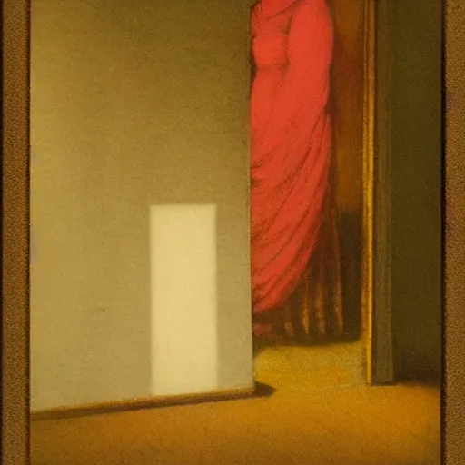 Image similar to an elegant girl in a liminal abandoned room, red and gold, old polaroid by goya, by hopper, digital painting, jugendstil, art noveau, strong lights, flat colors, pastel colors,