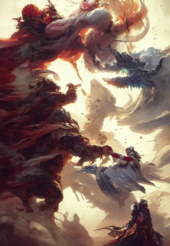 Prompt: a dynamic fight between a colossal white obese monstrosity and a medieval sorcerer, colourful, by by artgerm and greg rutkowski and ruan jia