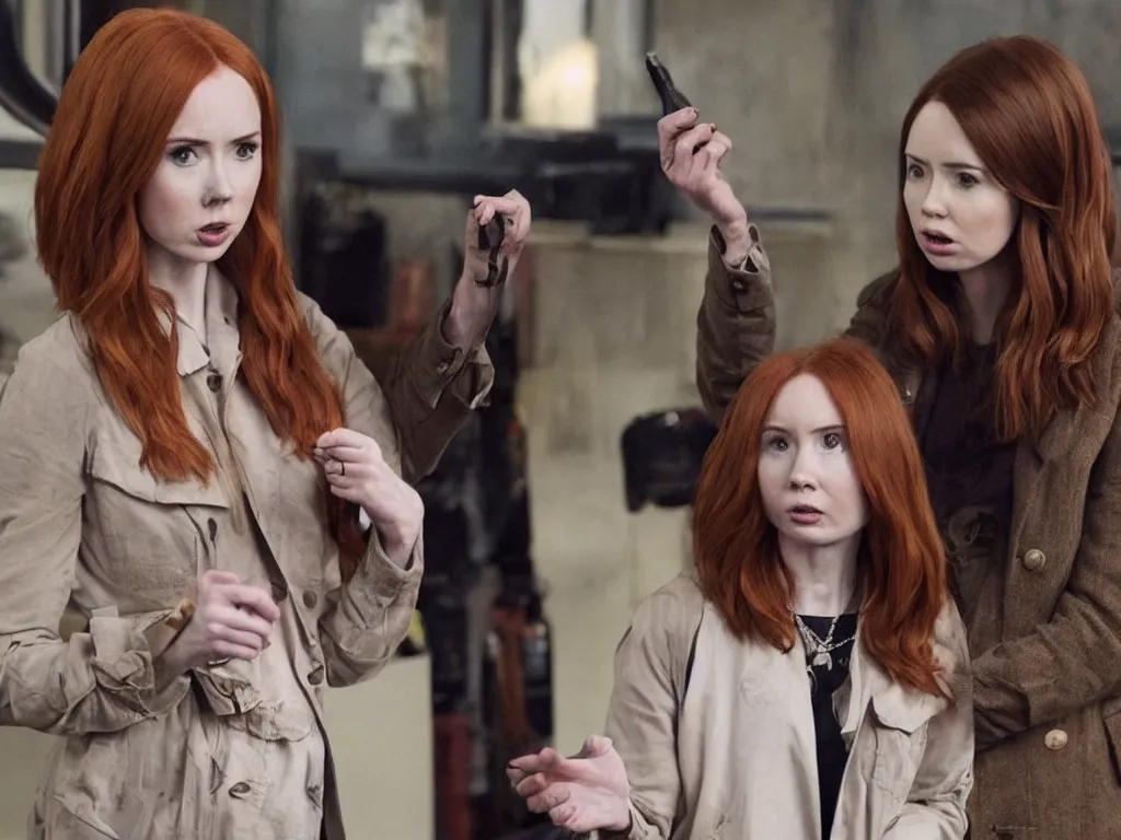 Prompt: realistic tabloid photo of Karen Gillan trying to explain she's not Unbreakable Kimmy Schmidt